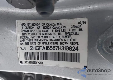 2007 Honda Civic Lx from USA, damaged, VIN 2HGFA16567H310824